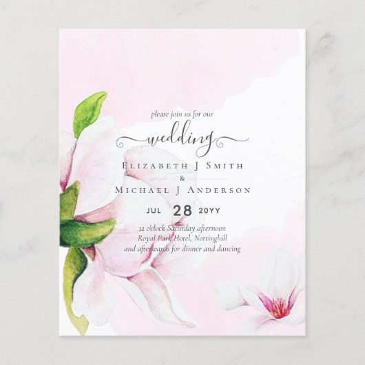 BUDGET  roze Magnolias Floral Wedding Invite Flyer (Voorkant)