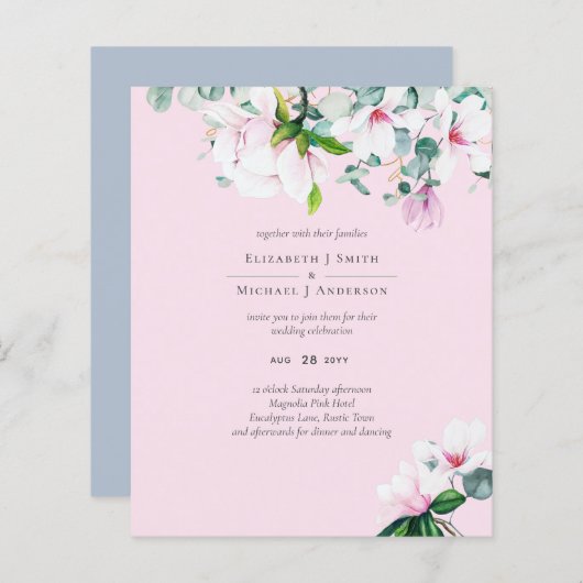 BUDGET Roze Magnolias Sage Eucalyptus Blue Weddens (Voorkant / Achterkant)