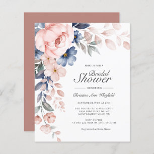 Budget Roze Manuscript Floral Bridal Shower Uitnod