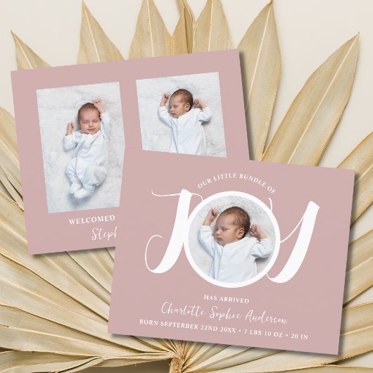 Budget roze meisje drie foto geboorte aankondiging