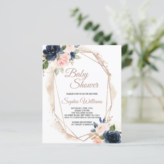 Budget roze, Navy & Gold Baby shower Uitnodiging (Staand voorkant)