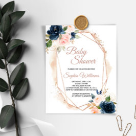 Budget roze, Navy & Gold Baby shower Uitnodiging
