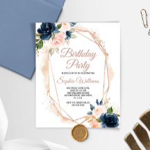 Budget roze, Navy & Gold Birthday Party Invitation