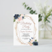 Budget roze, Navy & Gold Birthday Party Invitation (Staand voorkant)