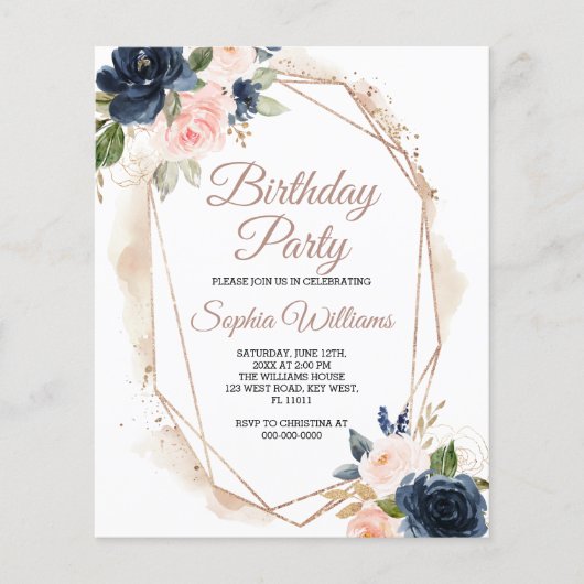 Budget roze, Navy & Gold Birthday Party Invitation (Voorkant)