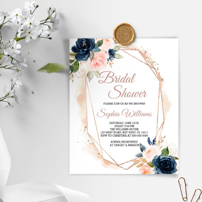 Budget Roze, Navy & Gold Bridal Shower Invitation (Creator heeft geüpload)
