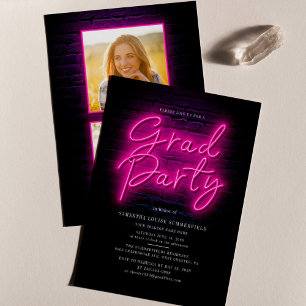 Budget Roze Neon Foto Afstudeerfeest Uitnodiging