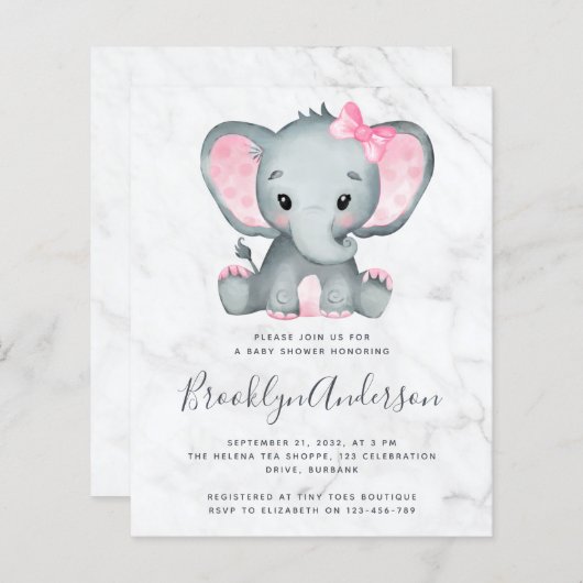 BUDGET Roze Olifant Baby Shower Uitnodiging (Voorkant / Achterkant)