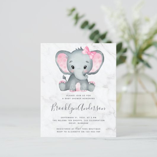 BUDGET Roze Olifant Baby Shower Uitnodiging (Staand voorkant)
