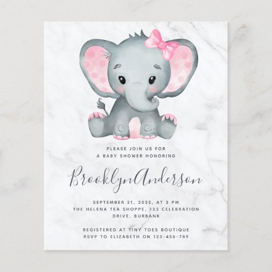 BUDGET Roze Olifant Baby Shower Uitnodiging (Voorkant)