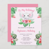 Budget roze olifant Girl Baby Birthday Invite (Voorkant / Achterkant)