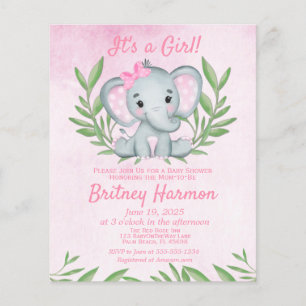 Budget Roze Olifant Meisje Baby Shower Uitnodiging Flyer