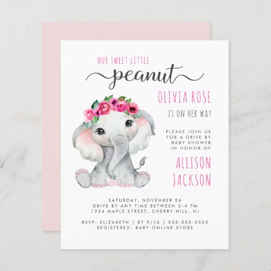 Budget Roze Olifant Meisje Drive By Baby Shower (Voorkant / Achterkant)