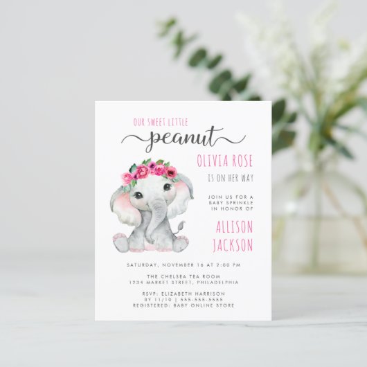 Budget roze olifant Waterverf Girl Baby Sprinkle (Staand voorkant)