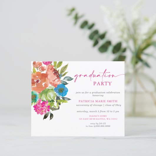 Budget Roze Oranje Bloemen Graduation Party Uitnod (Staand voorkant)