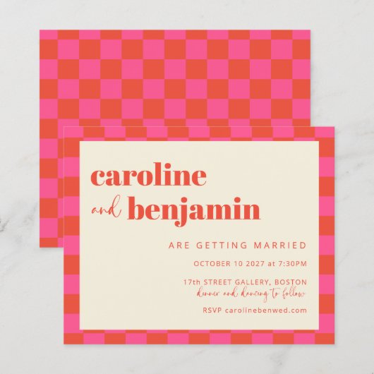 Budget roze Oranje Checkerboard Wedding Invite (Voorkant / Achterkant)