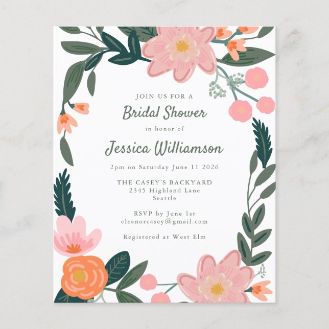 Budget Roze Oranje Floral Bridal Shower (Voorkant)