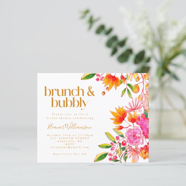 Budget roze Oranje Floral Brunch Bubble Invite (Staand voorkant)