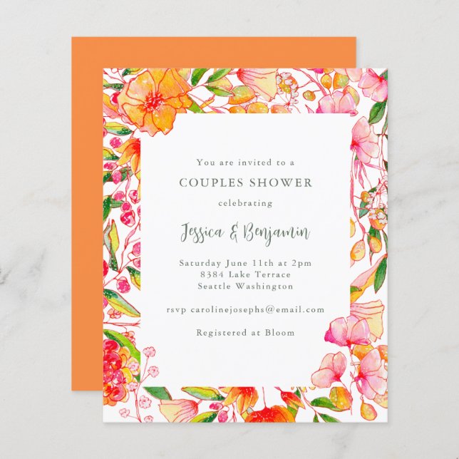 Budget Roze Oranje Floral Couples Shower Invite (Voorkant / Achterkant)