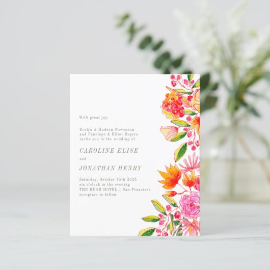 Budget roze Oranje Floral Formal Wedding Invite (Staand voorkant)