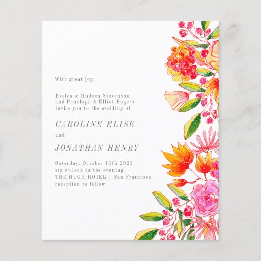 Budget roze Oranje Floral Formal Wedding Invite (Voorkant)