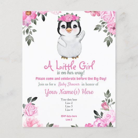 Budget roze Penguin Floral Baby shower Flyer (Voorkant)