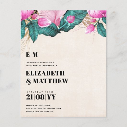 Budget Roze Pioen Huwelijk All-in-1 Flyer (Voorkant)