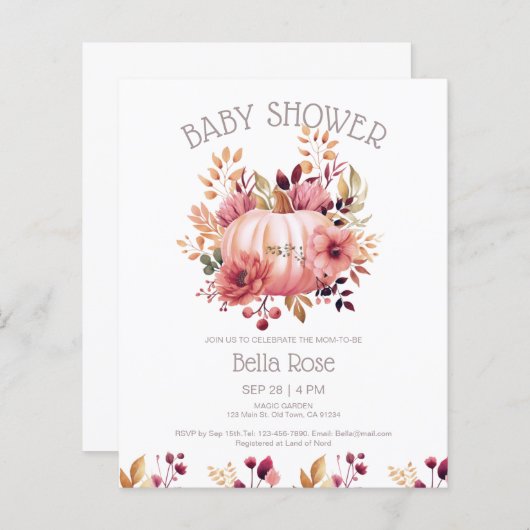 Budget Roze Pompoen Bloemen Baby shower Invitation (Voorkant / Achterkant)