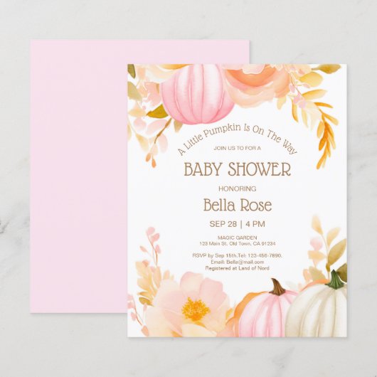 Budget Roze Pompoen Herfst Baby shower Invitation (Voorkant / Achterkant)