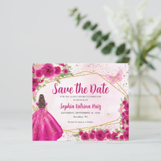 Budget Roze Prinses Quinceañera Save the Date (Staand voorkant)