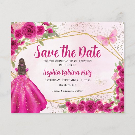 Budget Roze Prinses Quinceañera Save the Date (Voorkant)
