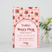 Budget Roze Rode Aardbei 1e Verjaardag Uitnodiging (Staand voorkant)
