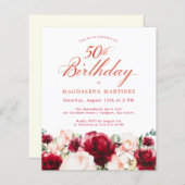 Budget Roze Rode Bloemen 50e Verjaardag Uitnodigen (Voorkant / Achterkant)