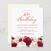 Budget Roze Rode Bloemen 65e Verjaardag Uitnodigen (Voorkant / Achterkant)