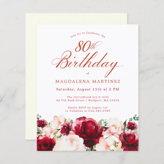 Budget Roze Rode Bloemen 80e Verjaardag Uitnodigen (Voorkant / Achterkant)