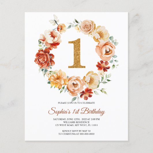 Budget Roze & Rode Krans 1e Verjaardag Uitnodiging (Voorkant)