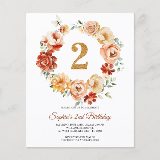 Budget Roze & Rode krans 2e verjaardag uitnodiging (Voorkant)