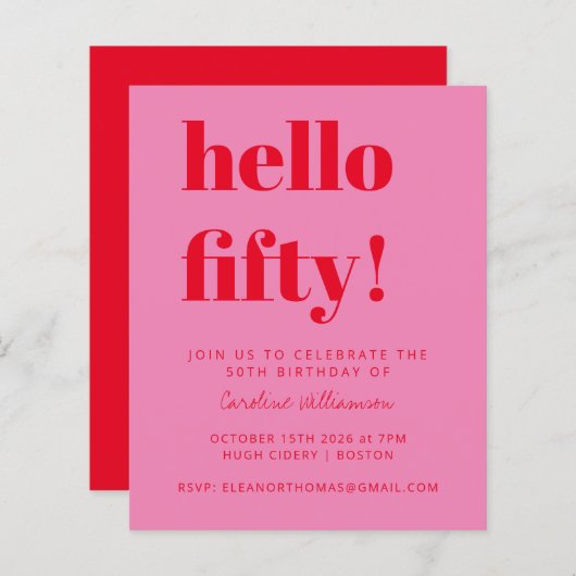 Budget Roze Rood 50ste Verjaardagsfeestuitnodiging (Voorkant / Achterkant)