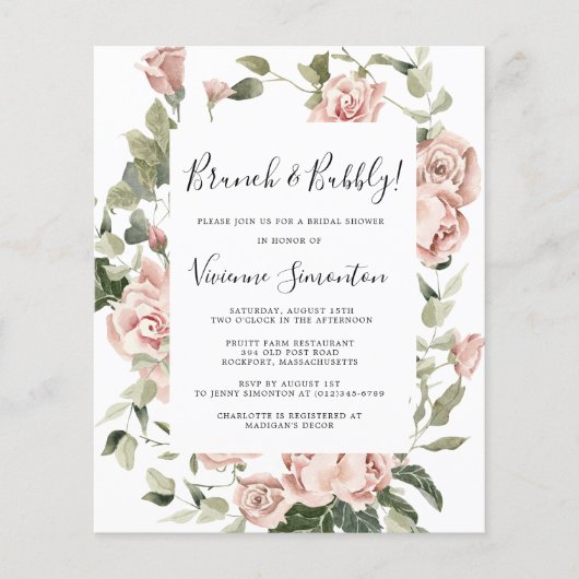 Budget Roze Roos Bloemige Bruidsontbijt Bruisende Flyer (Voorkant)
