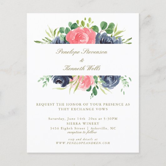 Budget Roze Roos Floral Wedding Invite (Voorkant)