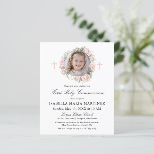 Budget Roze Roos Foto Bloemen Eerste Heilige Commu (Staand voorkant)