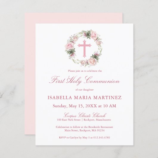 Budget Roze Rose Bloemen Eerste Heilige Communie (Voorkant / Achterkant)