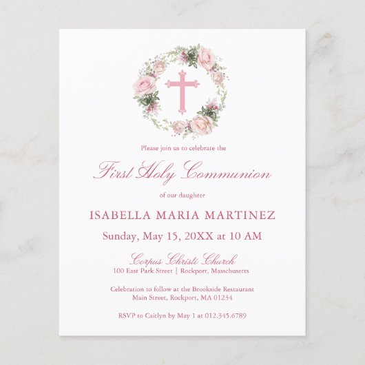 Budget Roze Rose Bloemen Eerste Heilige Communie (Voorkant)