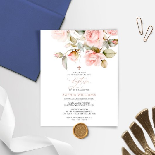 Budget roze Rose en Greenery Baptism Uitnodiging