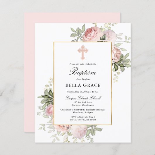 Budget  Roze Rose Floral Baptism Uitnodiging (Voorkant / Achterkant)