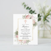 Budget  Roze Rose Floral Baptism Uitnodiging (Staand voorkant)