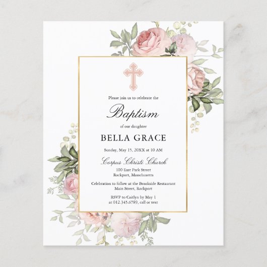 Budget  Roze Rose Floral Baptism Uitnodiging (Voorkant)