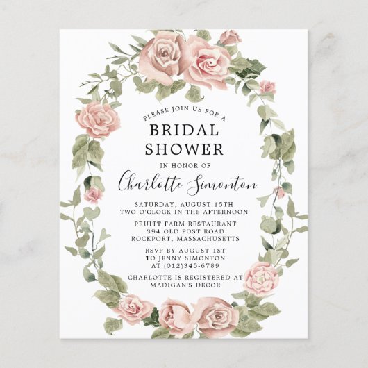 Budget Roze Rose Floral Bridal Shower Flyer (Voorkant)