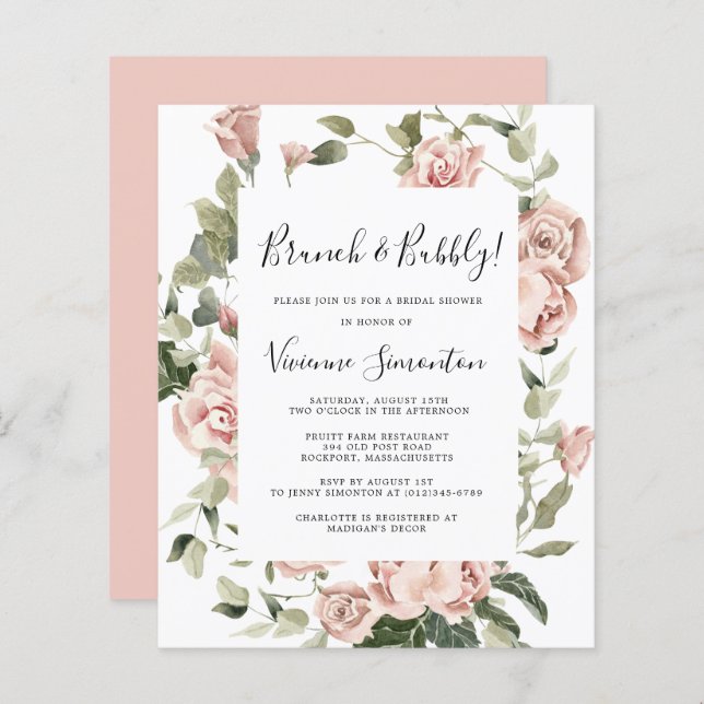 Budget Roze Rose Floral Brunch Bubble Uitnodiging (Voorkant / Achterkant)