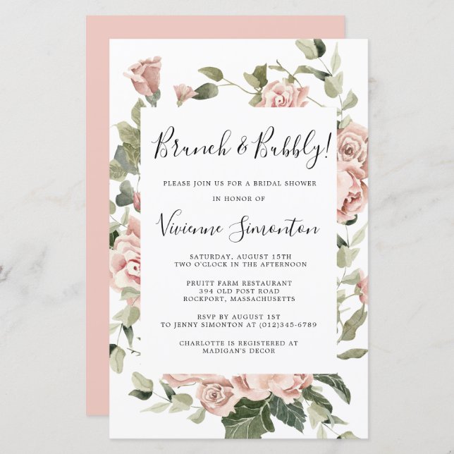 Budget Roze Rose Floral Brunch Bubble Uitnodiging (Voorkant / Achterkant)
